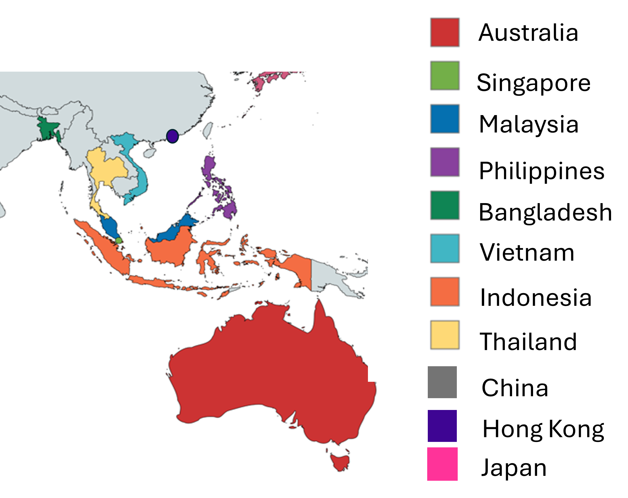 Color-coded map of Asia-Pacific highlighting 11 countries including Australia, Indonesia, Philippines, and others with a legend.
