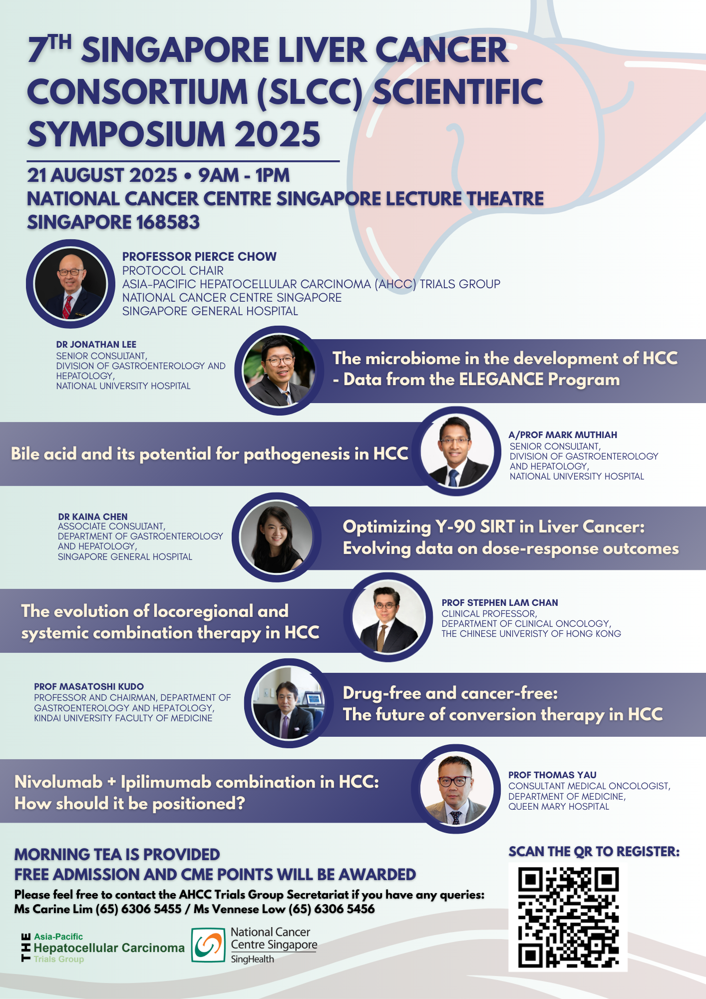 Flyer for the 7th SLCC Scientific Symposium 2025 on 21 August, listing six speakers and their liver cancer topics.