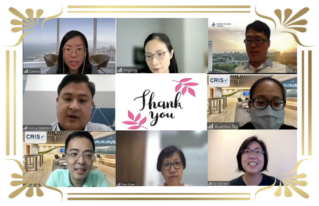 Eight people in a video call grid with a "Thank you" slide in the center, framed by gold decorative borders.
