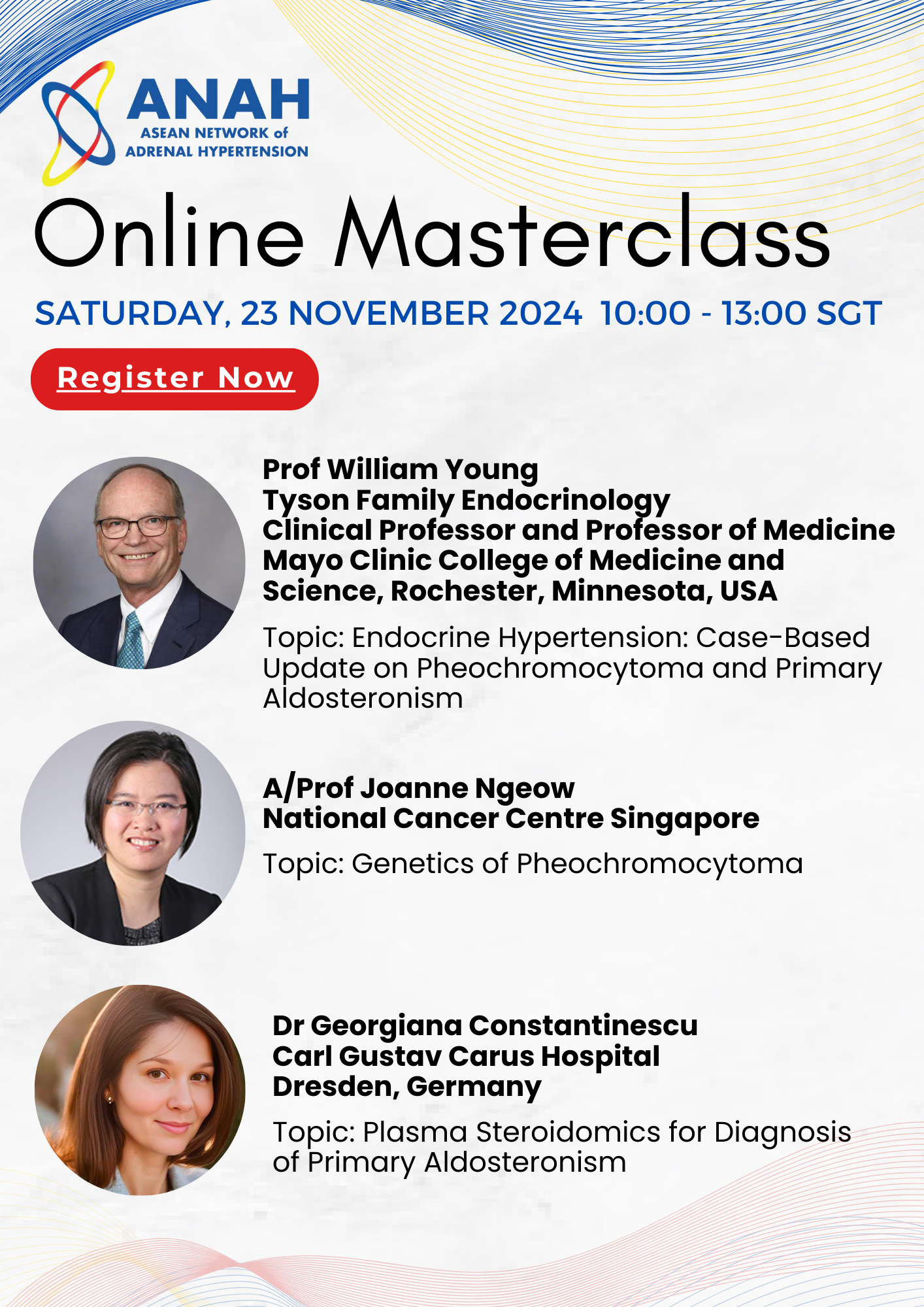 ANAH Online Masterclass flyer for 23 November 2024 featuring three speakers and their medical topics.