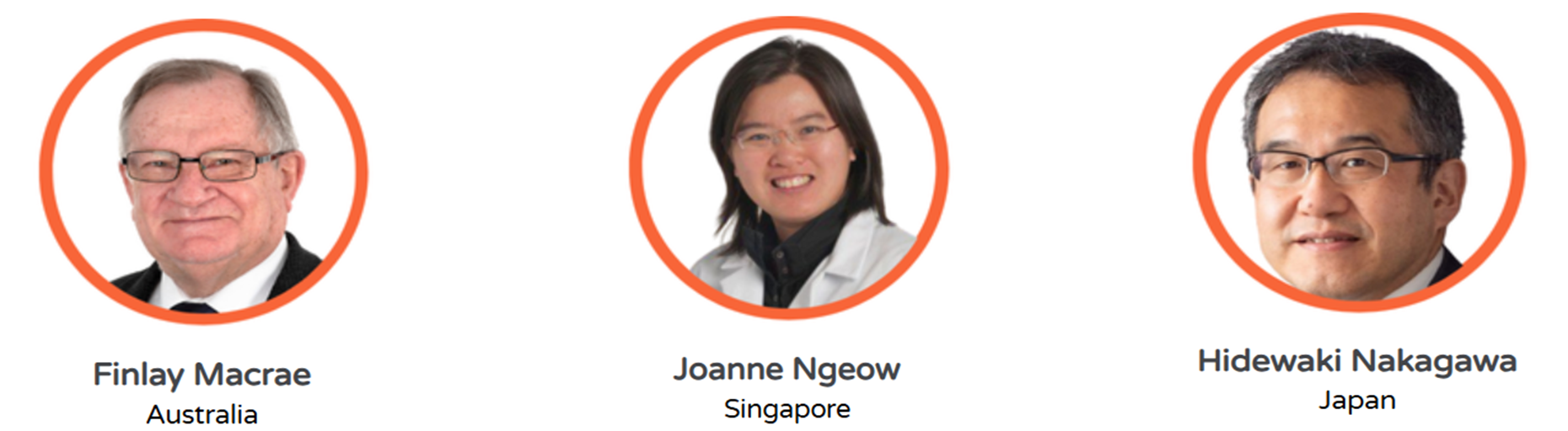 Three circular portraits of Finlay Macrae from Australia, Joanne Ngeow from Singapore, and Hidewaki Nakagawa from Japan.