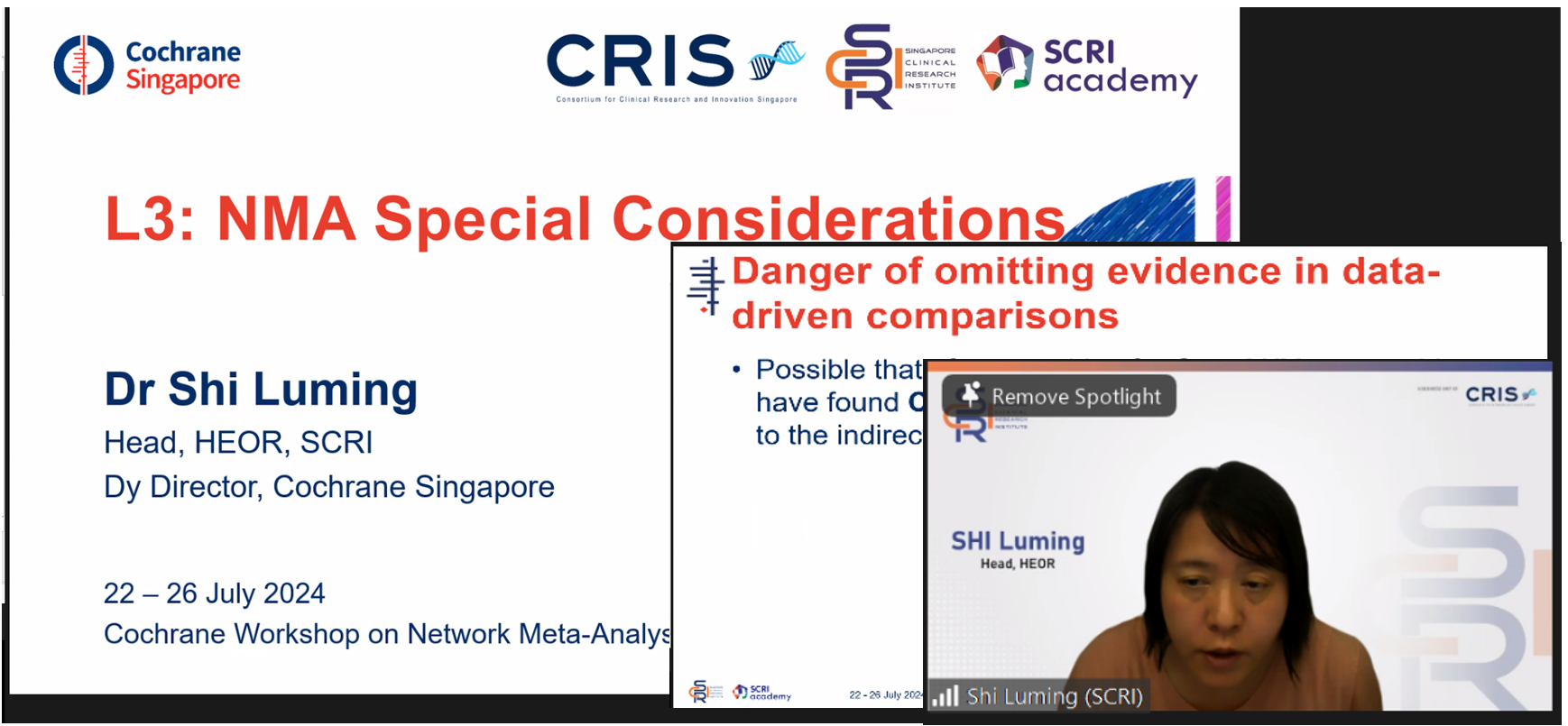 A virtual presentation slide titled L3: NMA Special Considerations by Dr Shi Luming, with her video feed visible.