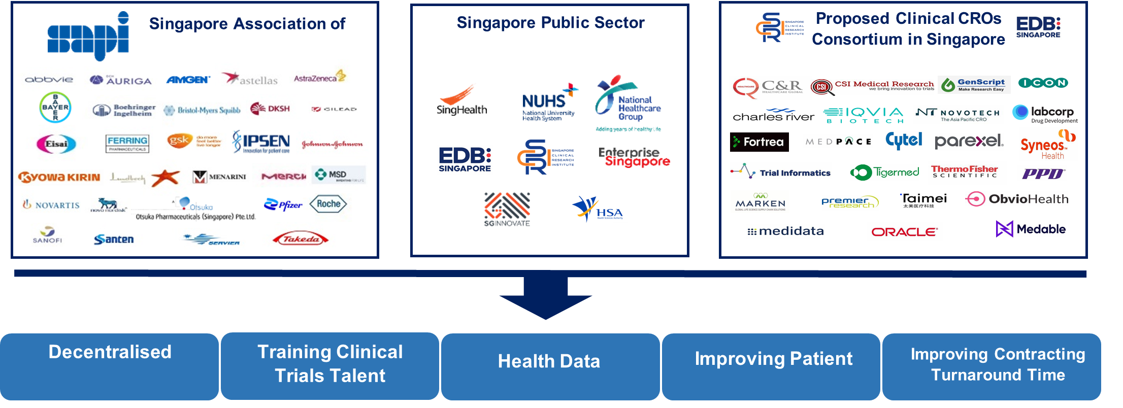 A diagram showing Singapore's clinical research ecosystem, with three stakeholder groups: pharmaceutical companies under the Singapore Association of Pharmaceutical Industries (SAPI), public sector agencies and CROs.