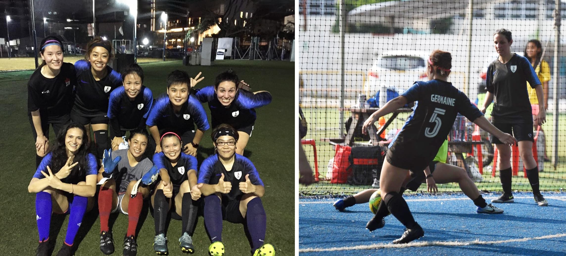A women's soccer team poses on a field at night, and player number 5 named Germaine kicks a ball near a net.