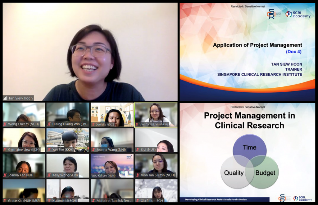 A video call with a smiling presenter and participants, alongside slides on Project Management in Clinical Research.