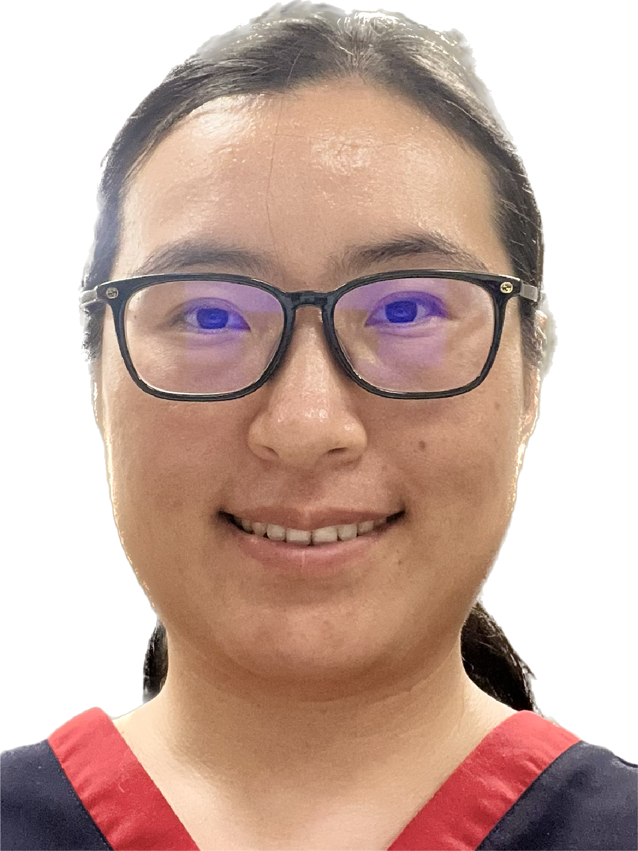 A smiling young woman with dark hair in pigtails, black-framed glasses, and a navy and red top.