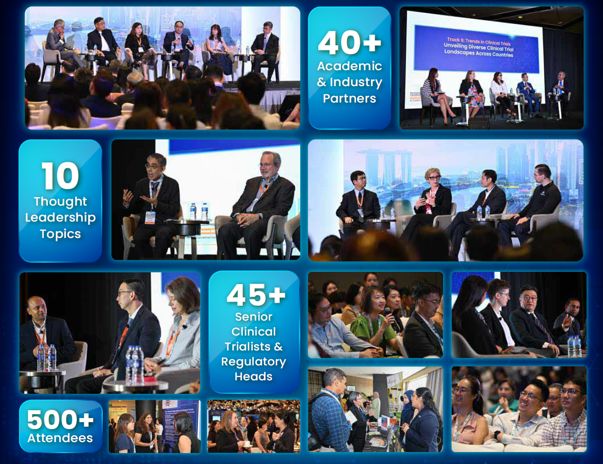 Conference collage showing panels and attendees with stats: 500+ attendees, 45+ trialists, 40+ partners, 10 topics.