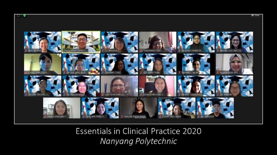 A virtual graduation ceremony on video call for Essentials in Clinical Practice 2020 at Nanyang Polytechnic.