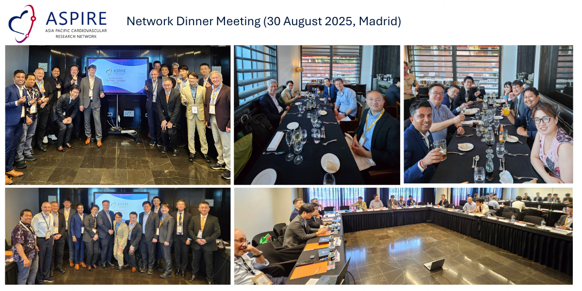 ASPIRE Network Dinner Meeting in Madrid on 30 August 2025, showing group photos and dining attendees.