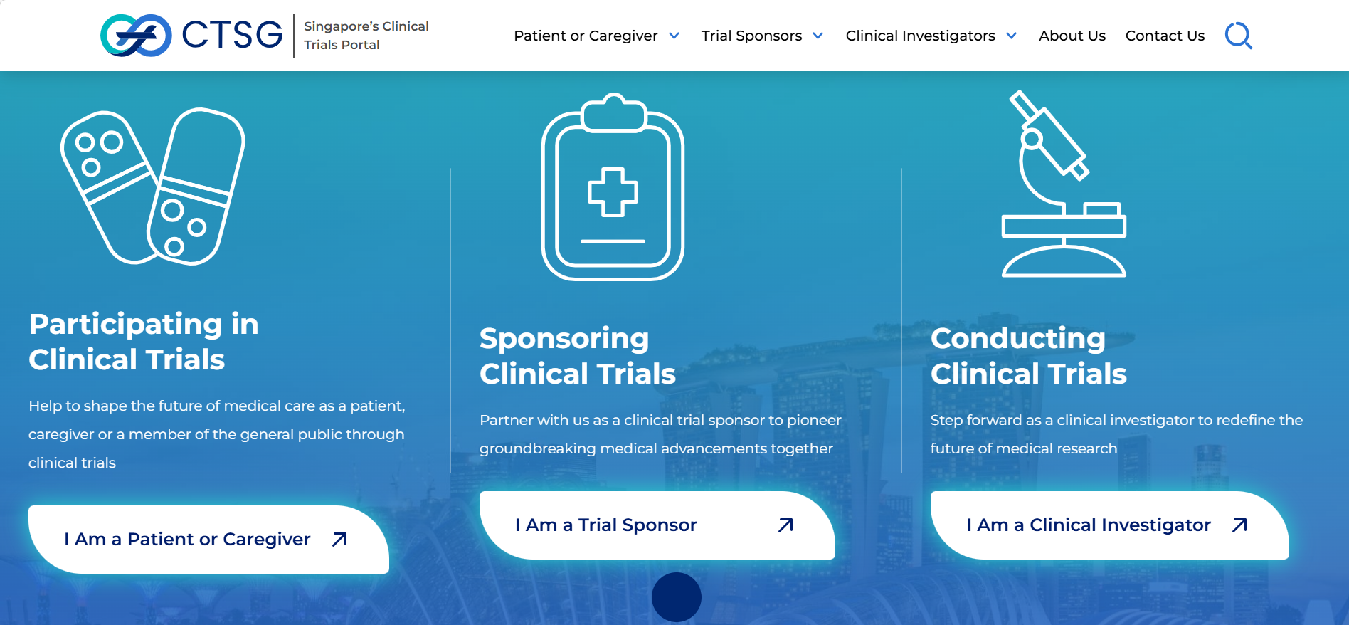 Photo of Singapore's Clinical Trials Portal (CTSG), with the three main audience personas that it caters.