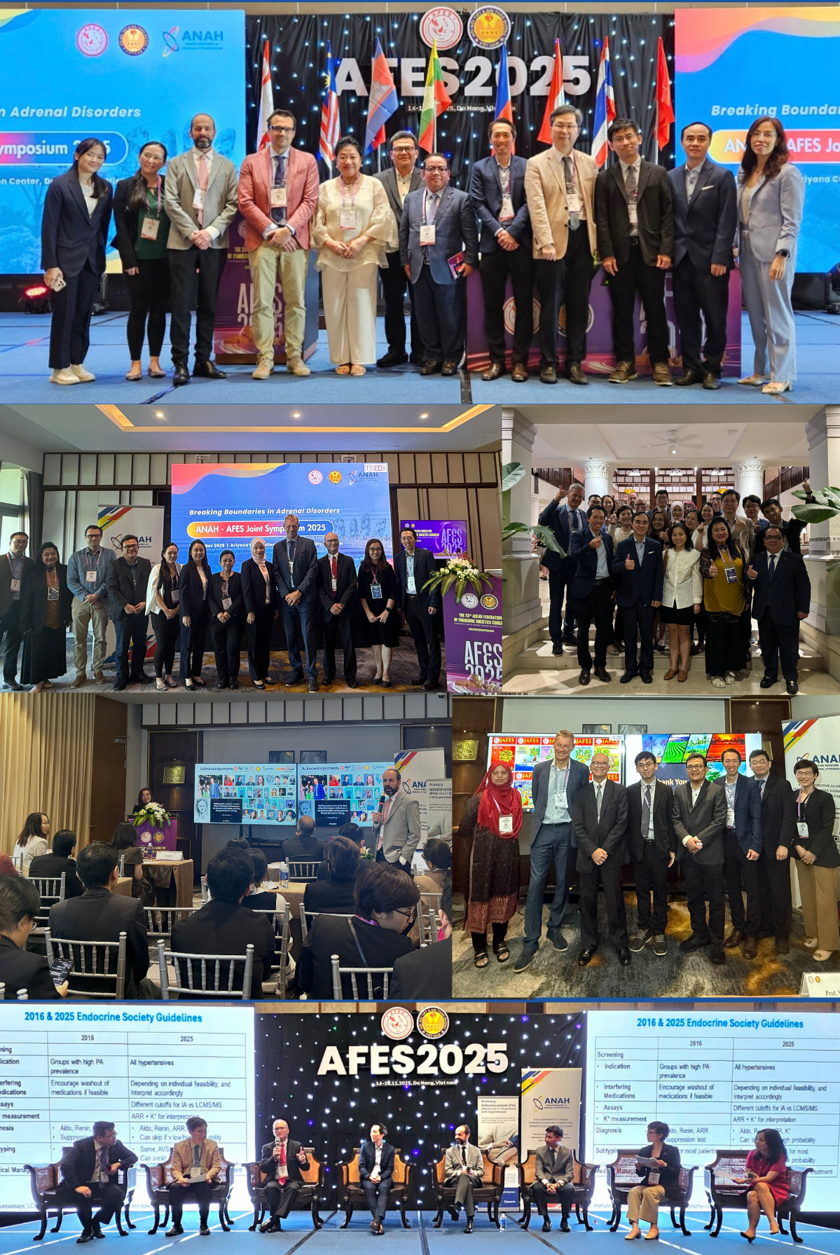 Collage of group photos and presentations from the AFES 2025 medical conference on adrenal disorders.
