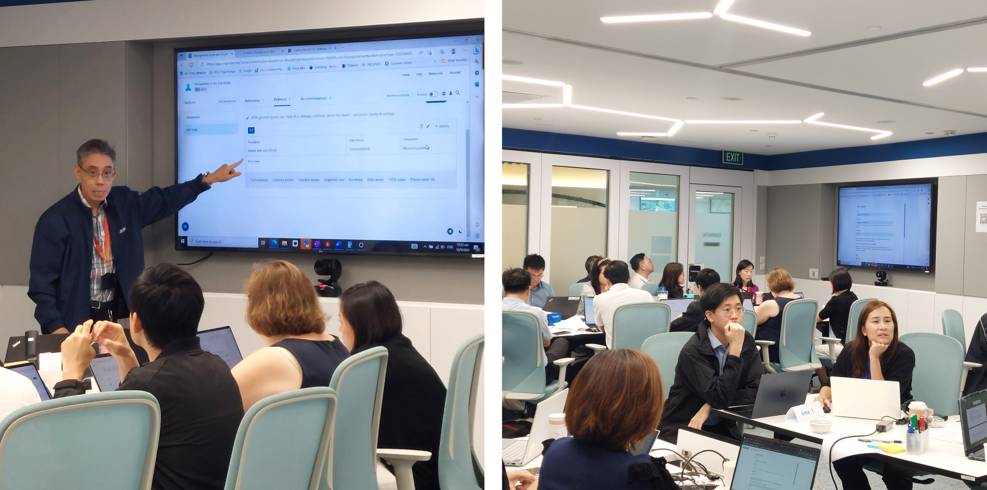 A man presents at a large screen to seated attendees with laptops in a modern classroom, shown from two angles.