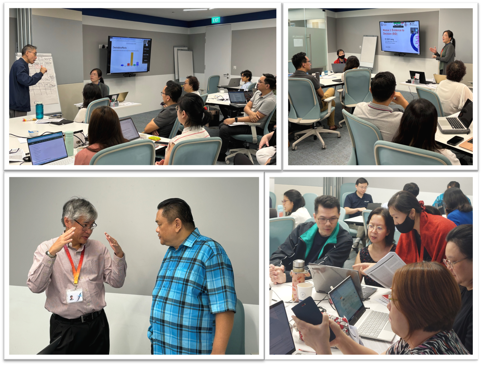 Four photos of a workshop showing presenters at whiteboards, attendees at laptops, two men conversing, and a group collaborating.