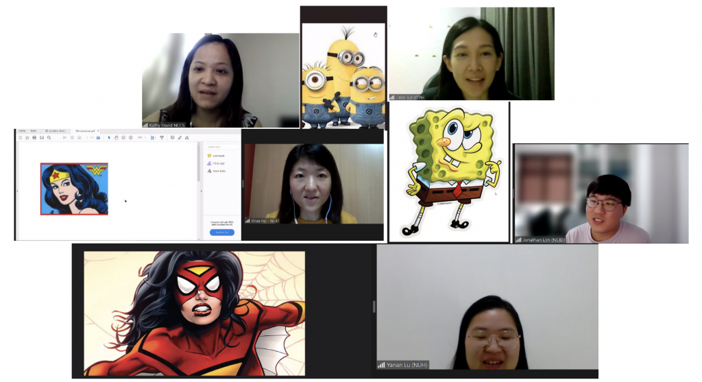 Video call grid showing four participants alongside cartoon characters including Minions, SpongeBob, Wonder Woman, and Spider-Woman.