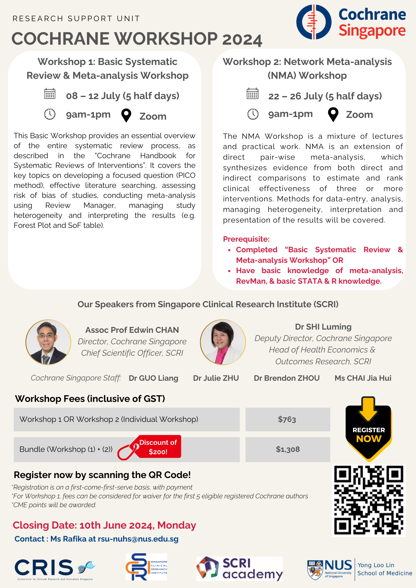 Flyer for Cochrane Workshop 2024 with details on two meta-analysis workshops, speakers, fees, and a QR code.