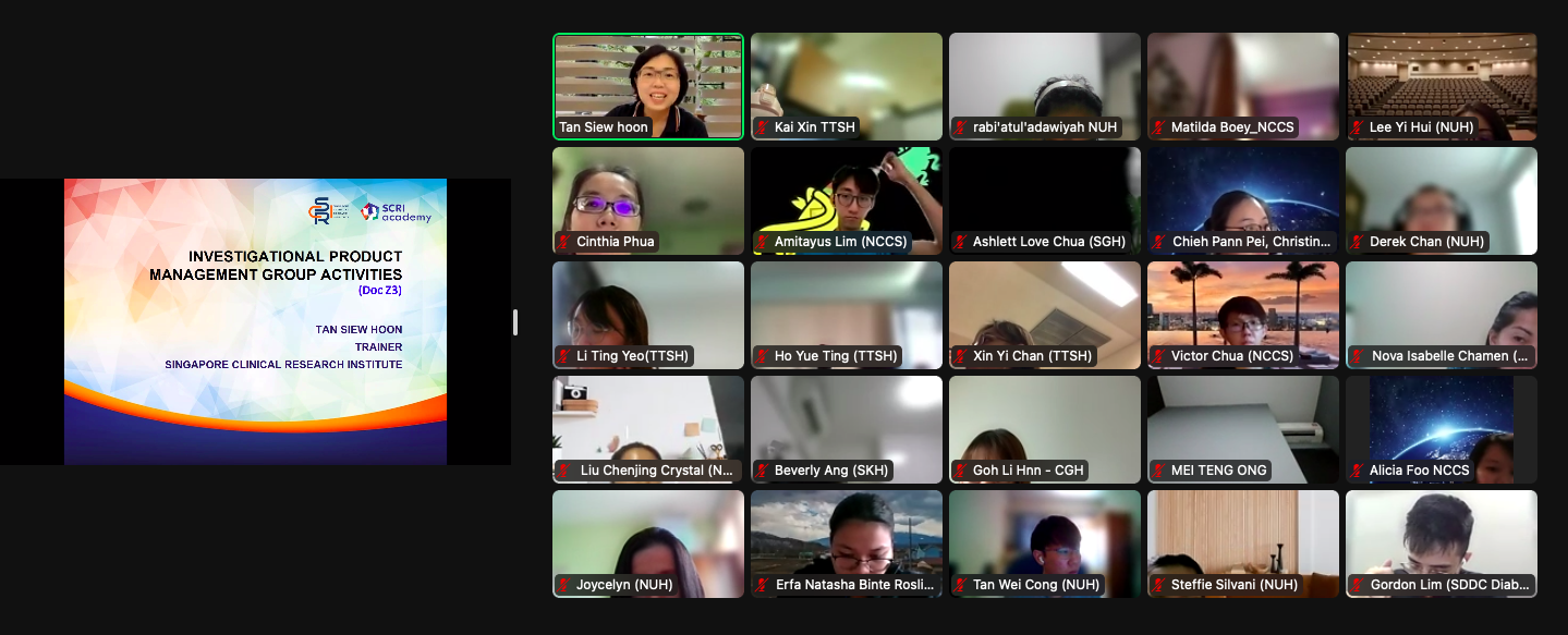 Virtual meeting with multiple participants and a presentation slide on Investigational Product Management Group Activities by Singapore Clinical Research Institute.