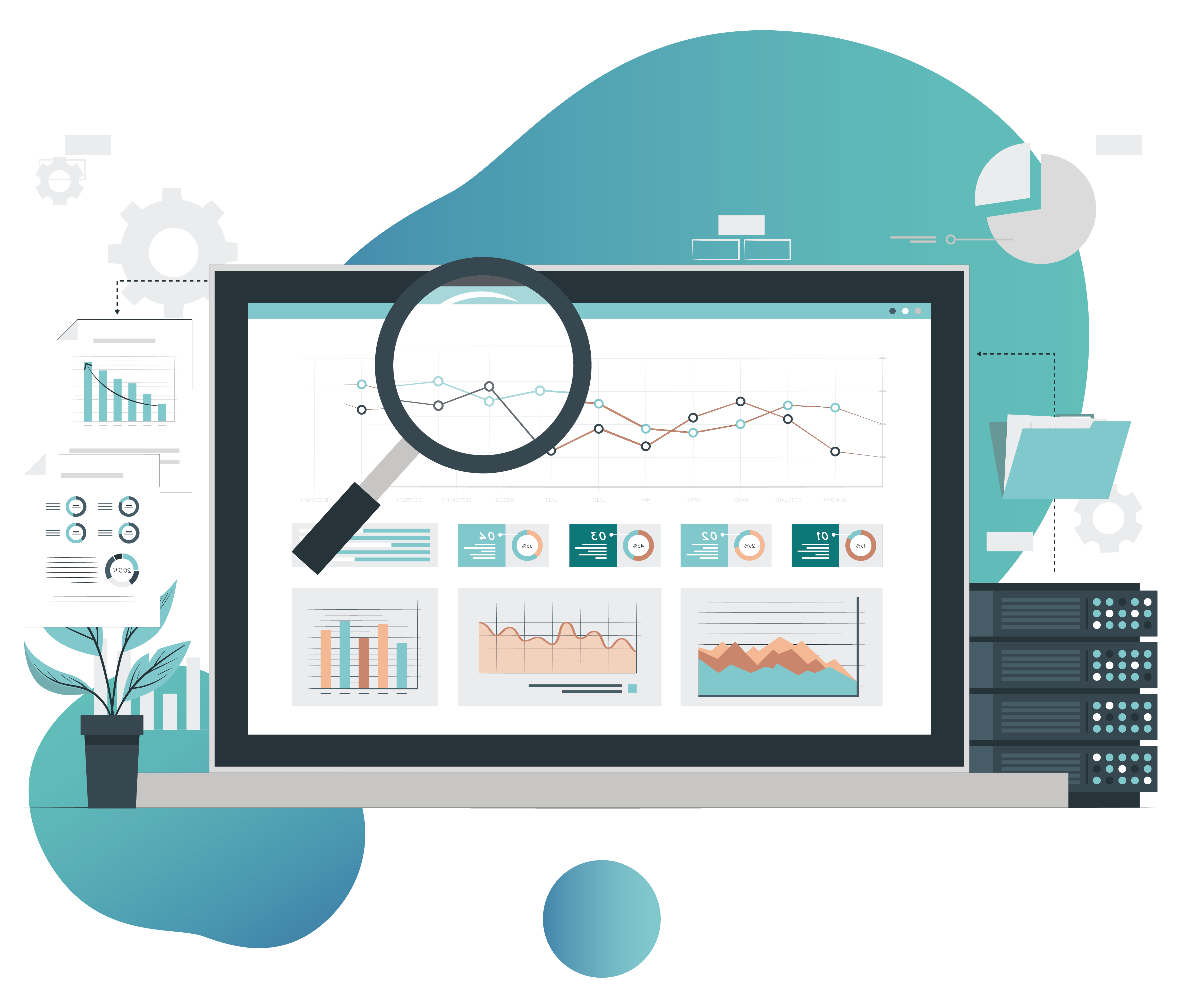 Illustration of a laptop displaying a data analytics dashboard with charts, with a magnifying glass overlay.