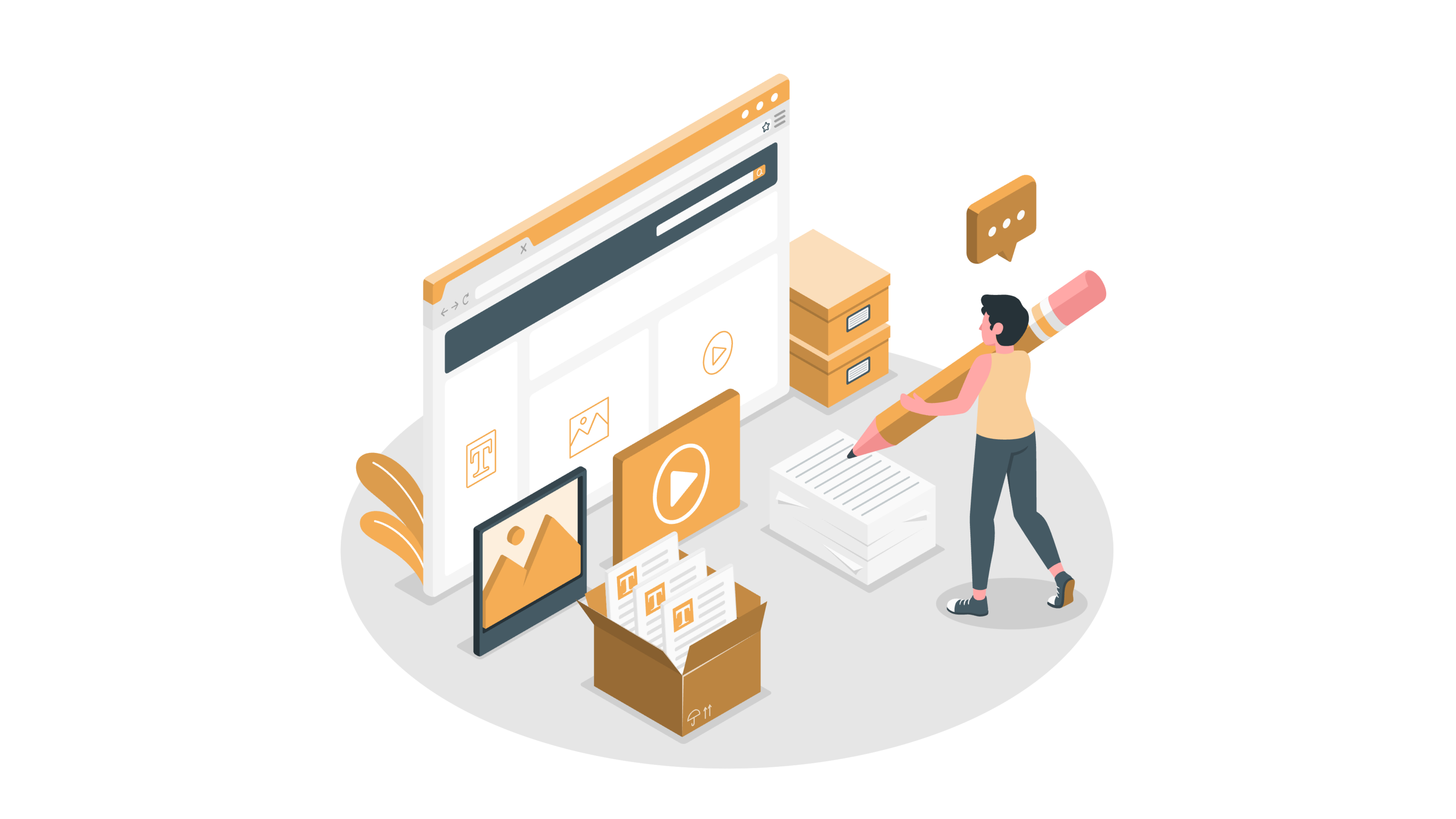 A person holding a giant pencil writes on papers near a large browser window, boxes, and content icons.
