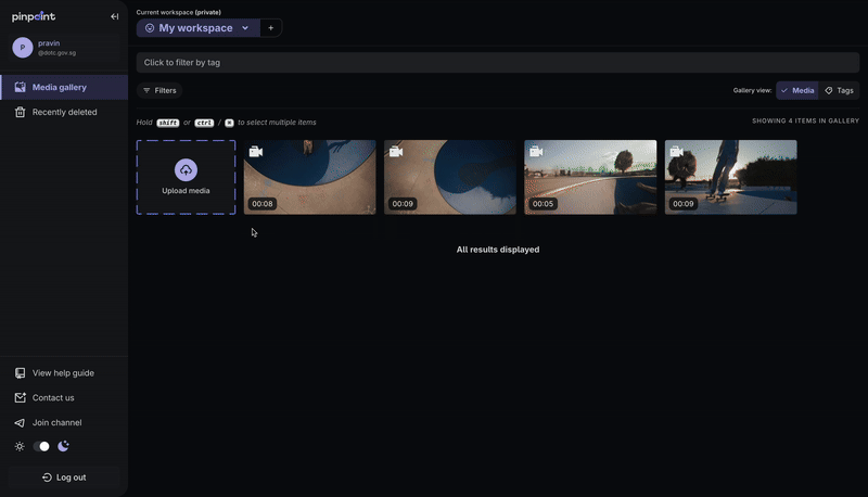 Pinpoint media gallery dashboard showing 4 video thumbnails of skateboarding clips in a dark interface.