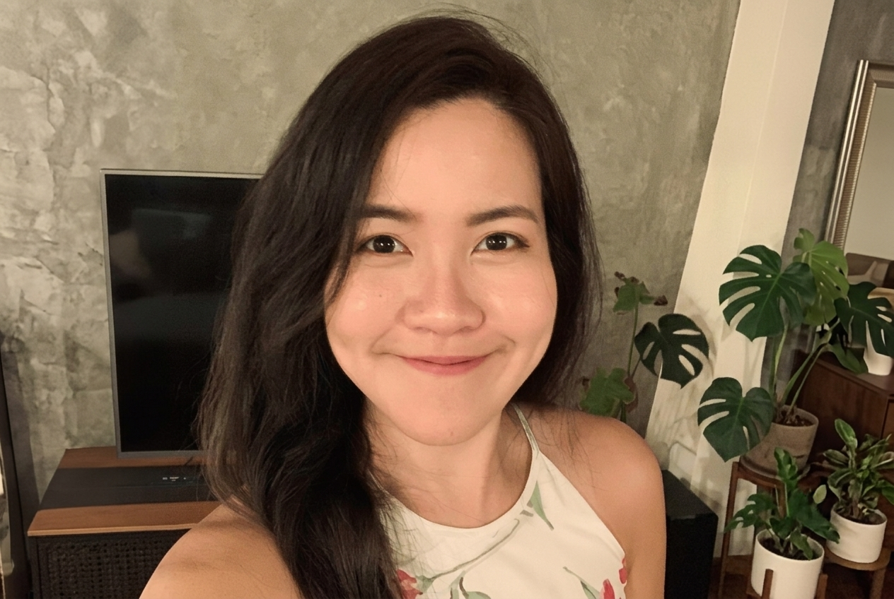 A young woman with long dark hair smiling softly, wearing a white top, indoors with a plant behind her.