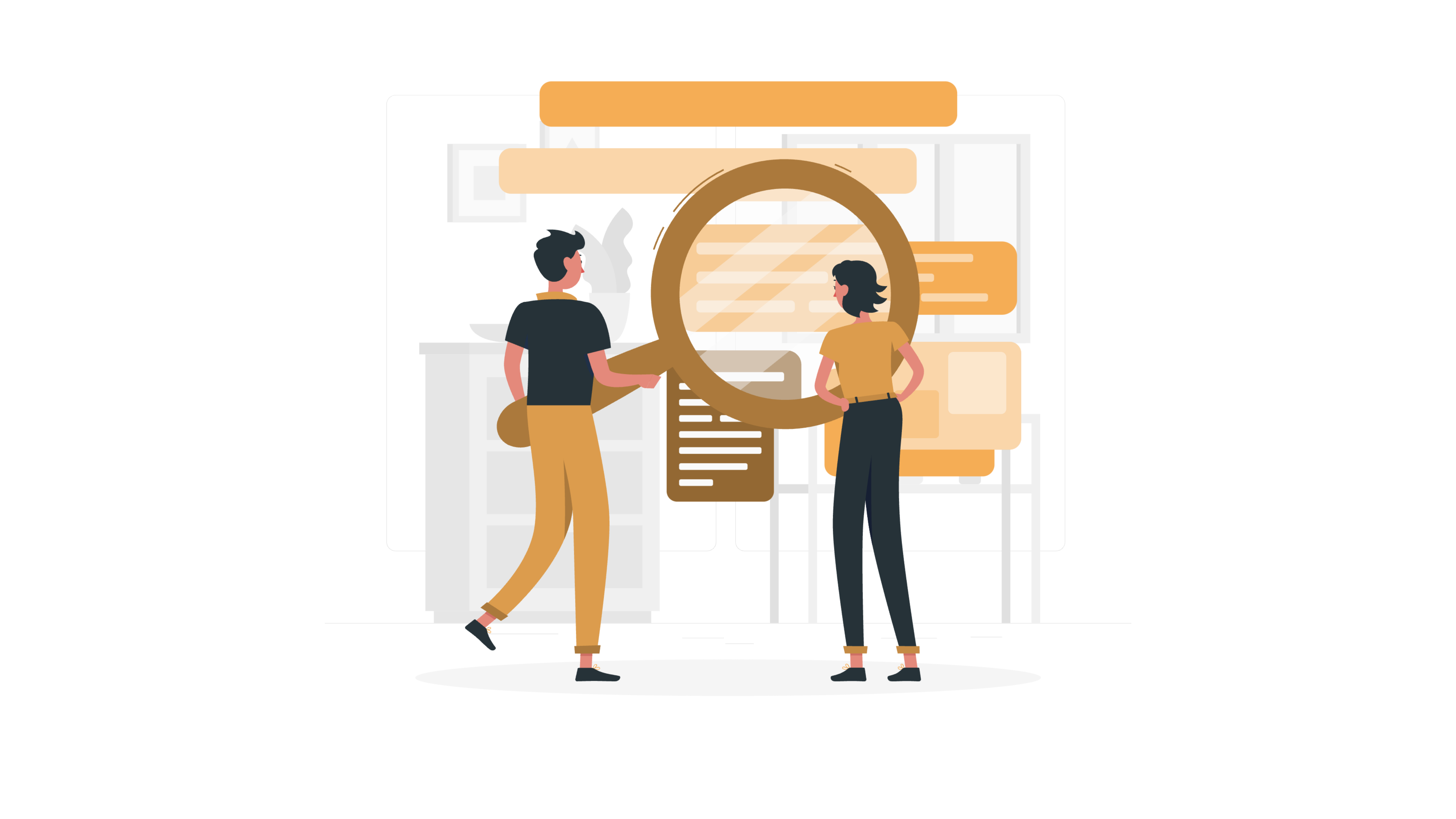 Two illustrated people holding a large magnifying glass over a document in front of an orange and white UI screen.