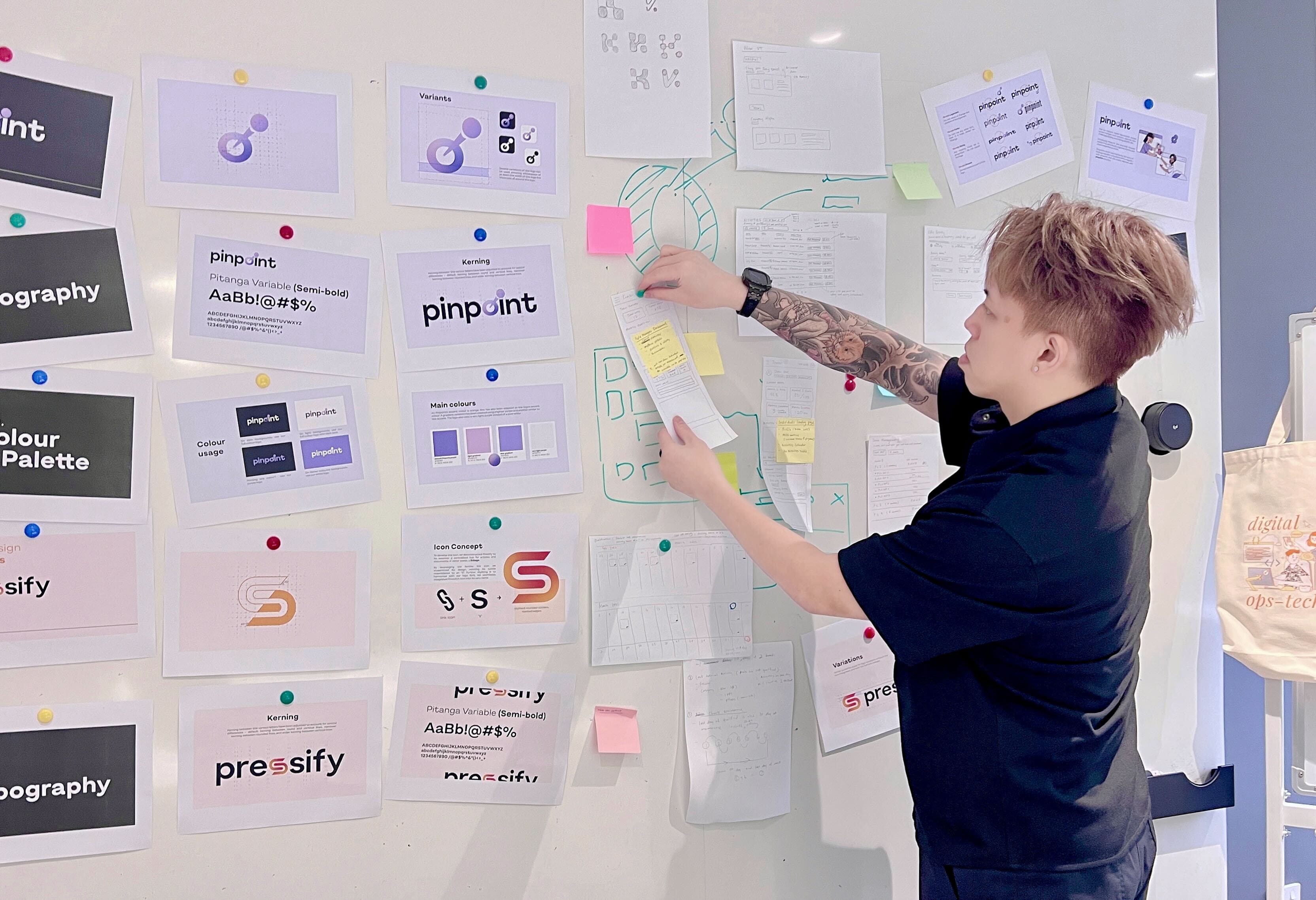 Person with tattoos pinning design mockups and sticky notes to a white board covered in branding materials.