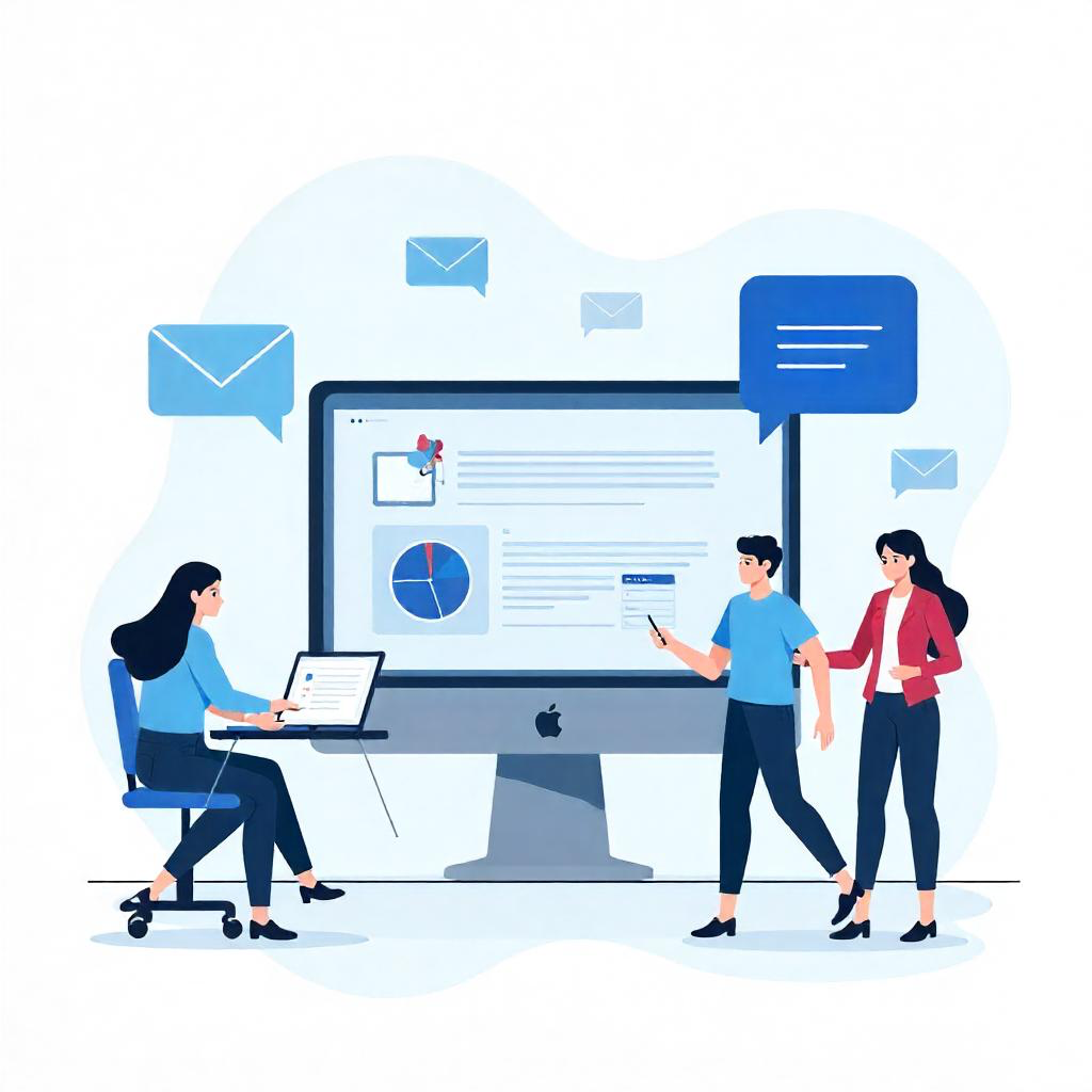 Three illustrated people work around a large desktop monitor with email and chat bubble icons floating nearby.