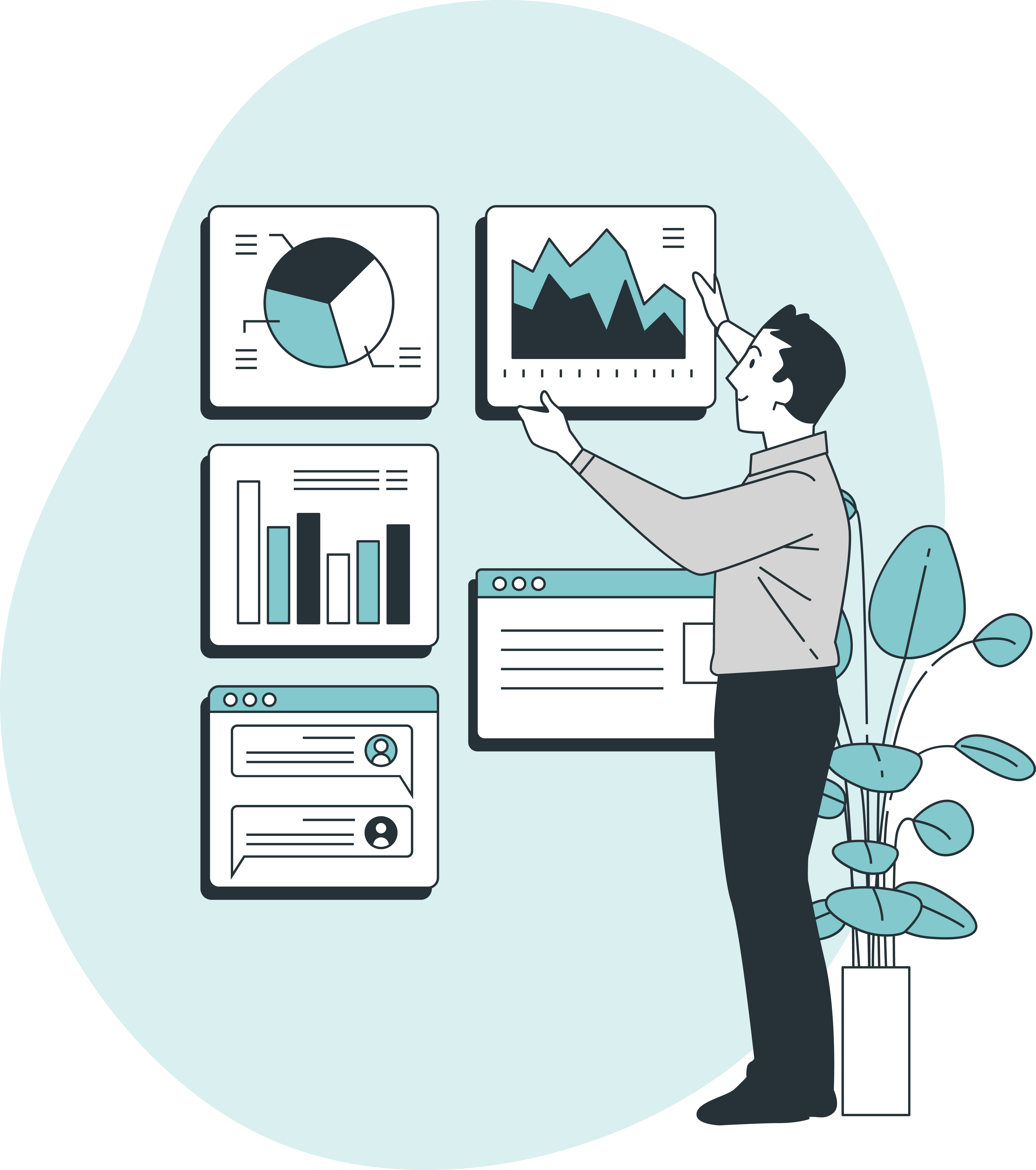 A illustrated man pointing at wall-mounted data charts including a pie chart, bar chart, and line chart.