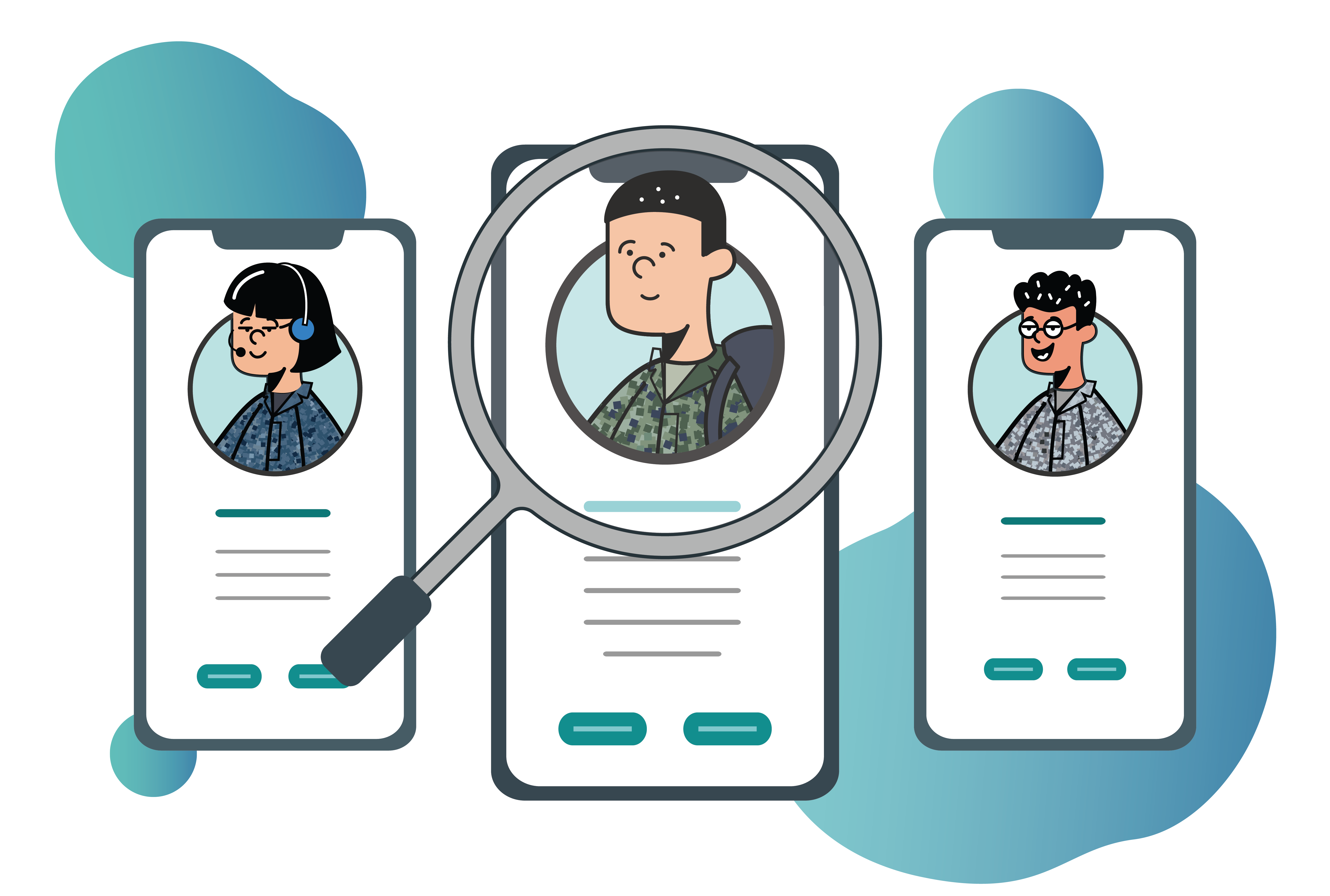 Three cartoon military personnel profiles on phones, with a magnifying glass highlighting the center figure.