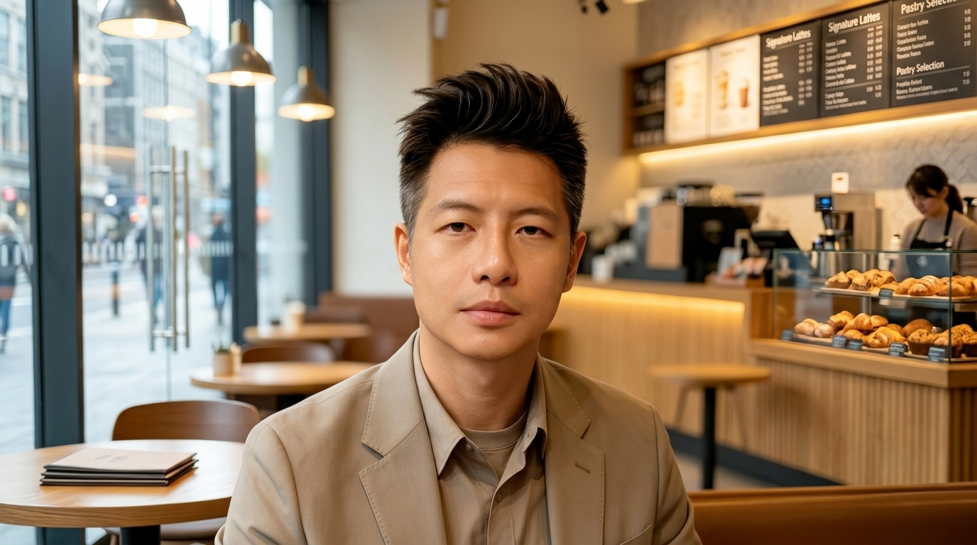 A close-up portrait of an East Asian man with styled black hair, wearing a beige blazer and button-down shirt, sitting inside a brightly lit coffee shop.