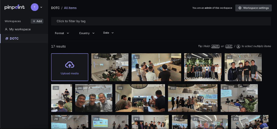 Dark media library screen with sidebar and grid of meeting photos plus an Upload media tile.