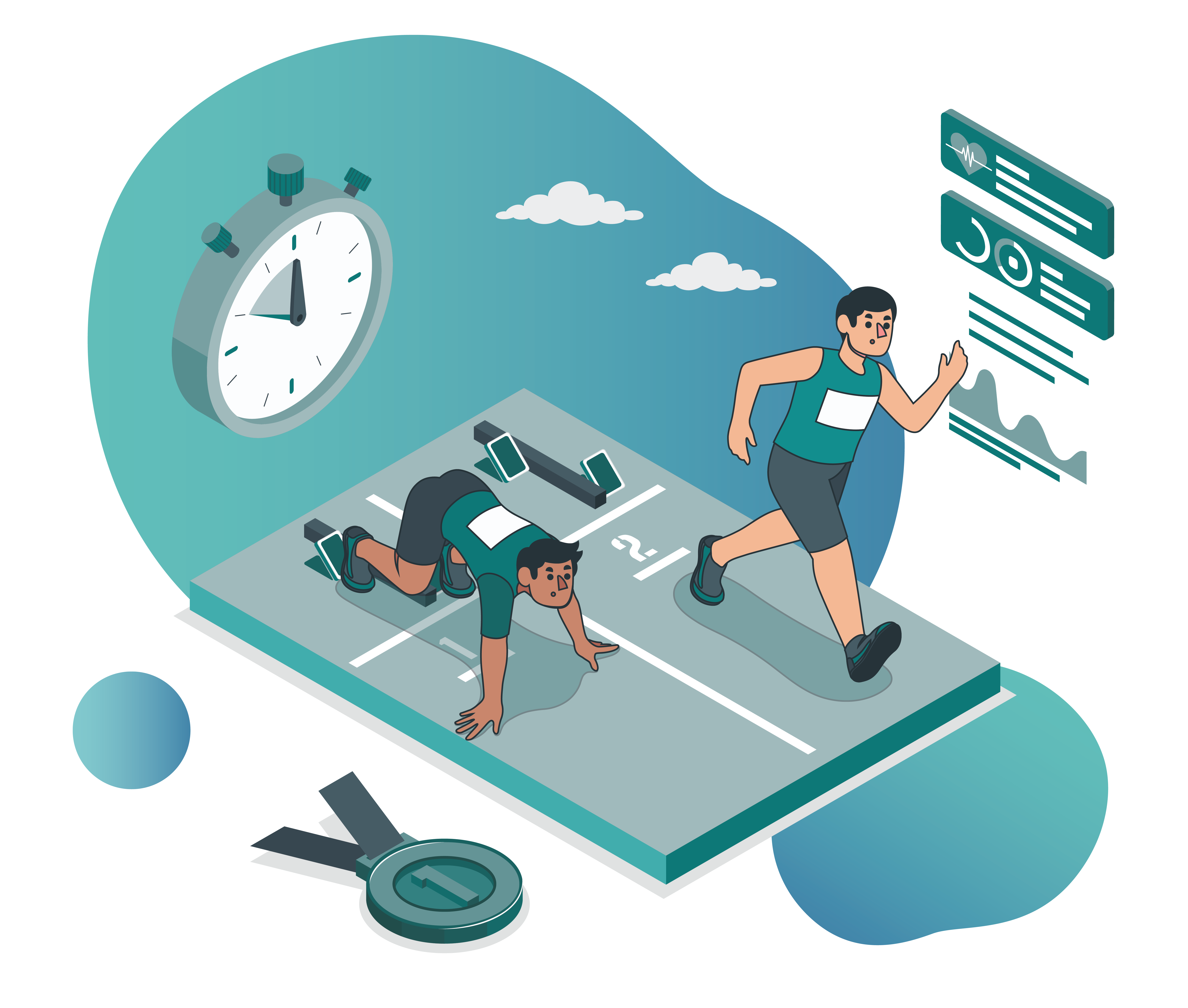 Two cartoon runners on a track, one crouching at start blocks and one sprinting, with a stopwatch and medal nearby.