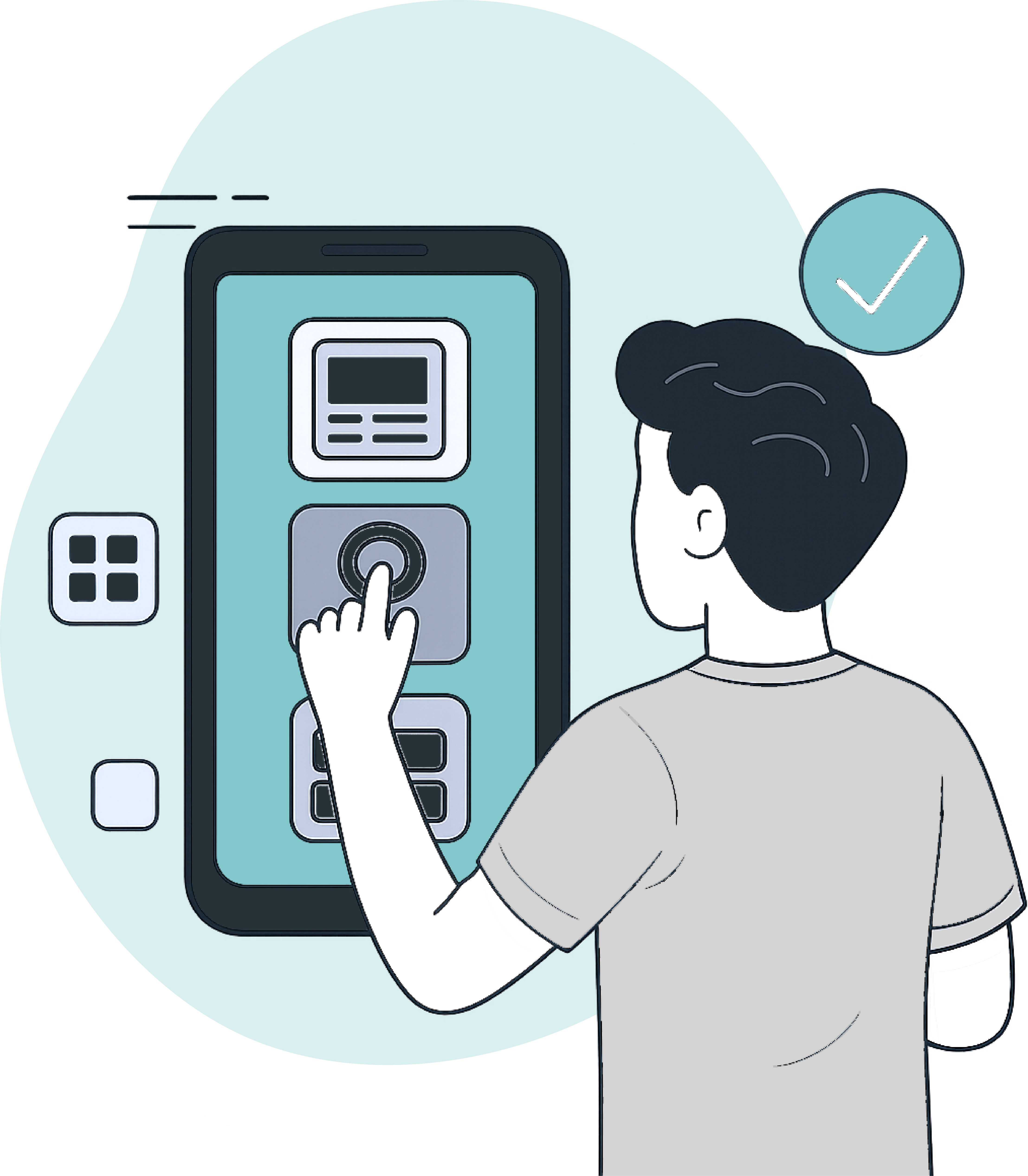 Illustrated person pressing a button on a large control panel screen, with a teal checkmark circle nearby.