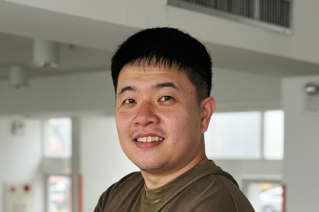 Young man in brown shirt with short hair