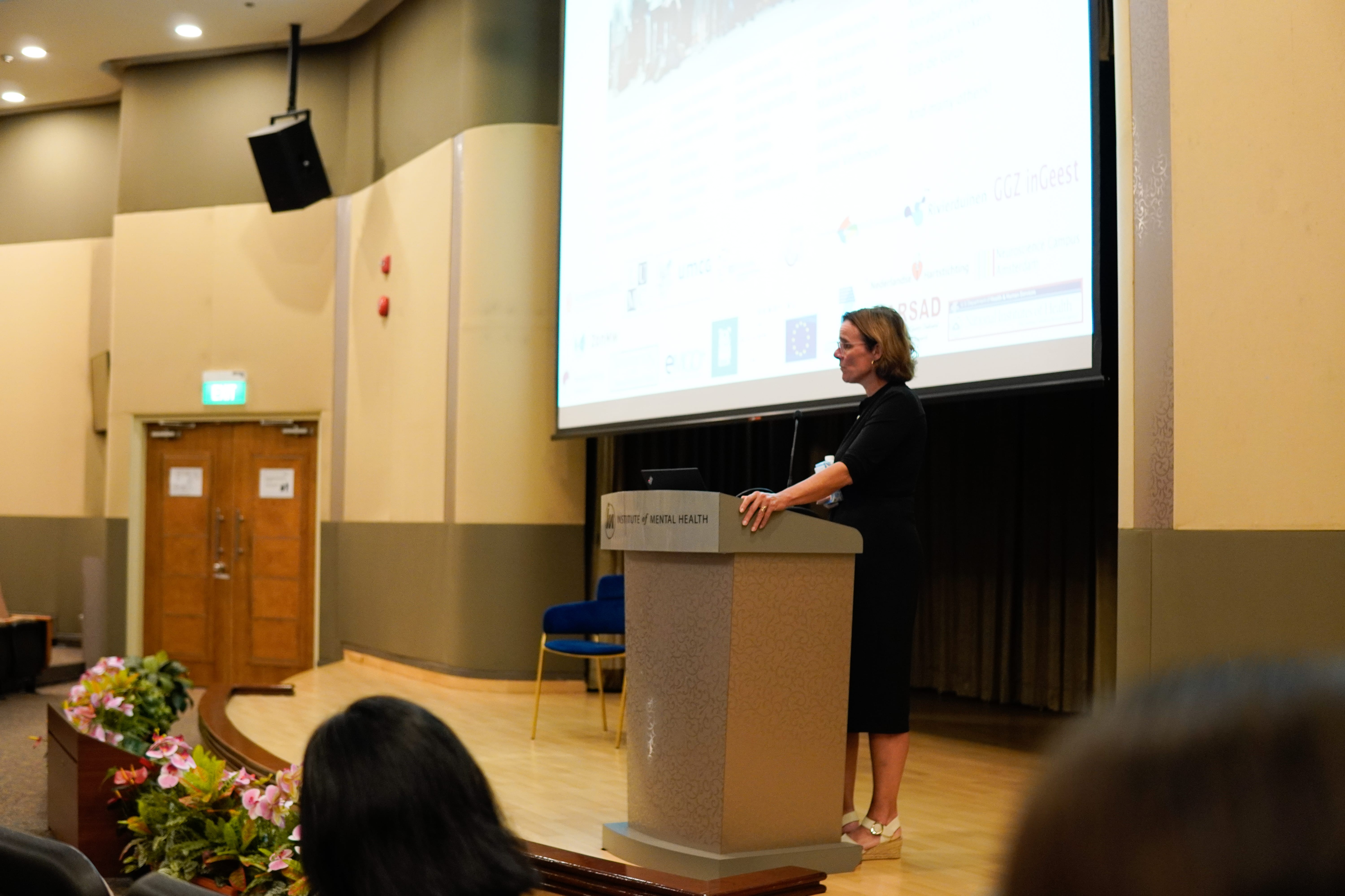Woman in black dress speaking at an Institute of Mental Health podium with a presentation slide projected behind her.