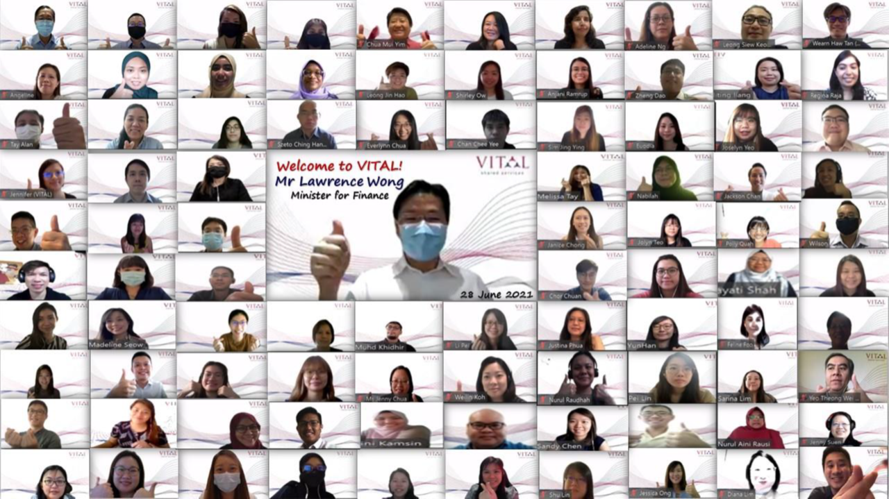 Virtual meeting screenshot welcoming Lawrence Wong, Minister for Finance, to VITAL on 28 June 2021, with many participants visible.