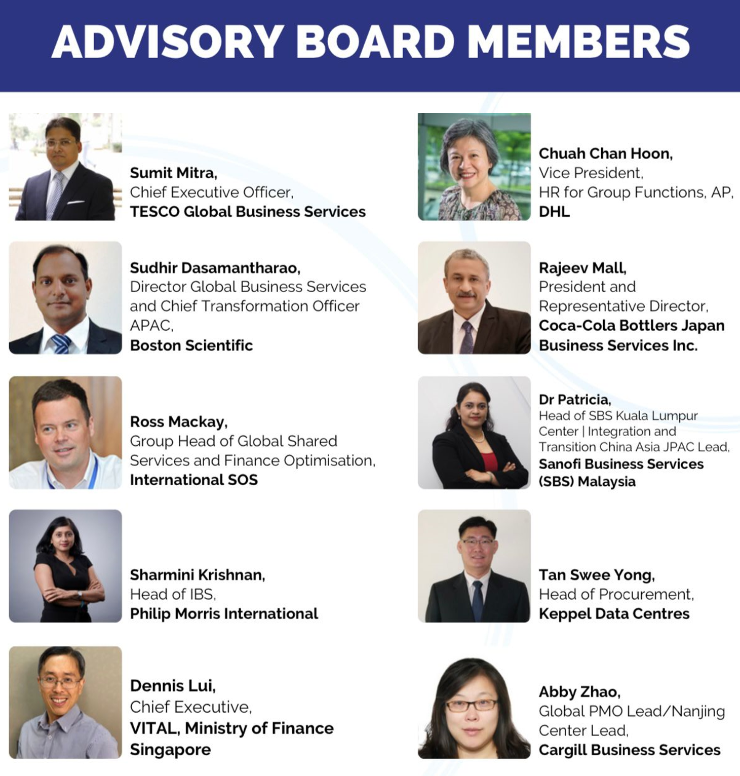 Advisory Board Members roster showing 10 professionals with headshots, names, titles, and company affiliations.