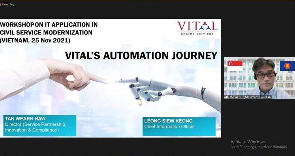 A virtual workshop slide titled "VITAL's Automation Journey" with a human and robot hand touching, and a man on video call.