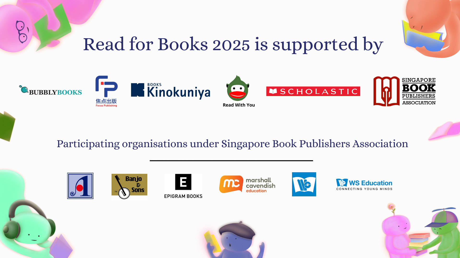 Read for Books 2025 supporters banner showing six sponsor logos and six participating organisation logos.