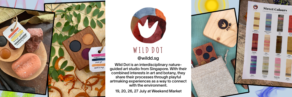 Banner for Wild Dot, a Singapore art studio, showing natural pigments, wooden palettes, and a Street Colours swatch chart.