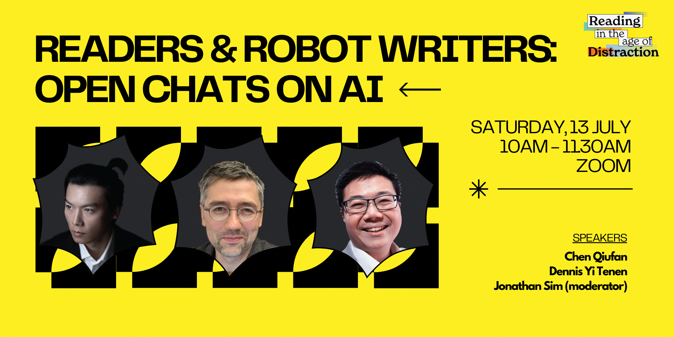 Yellow event banner for "Readers & Robot Writers: Open Chats on AI" on 13 July via Zoom, featuring three speakers.