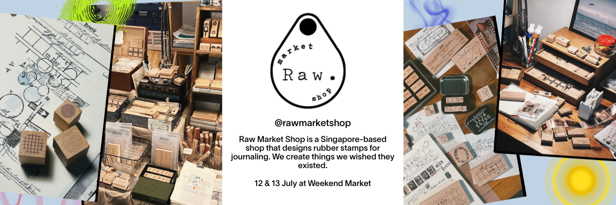 Banner for Raw Market Shop showing wooden rubber stamps and journaling supplies with shop logo and event details.