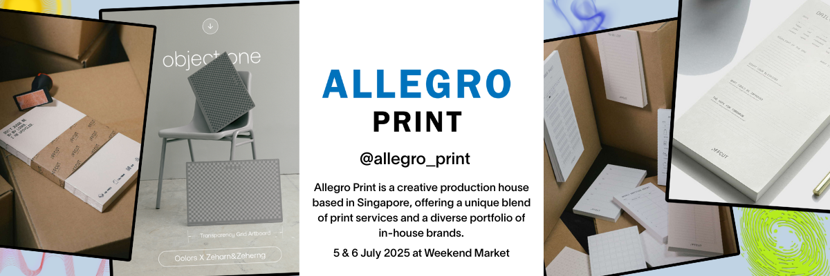 Banner for Allegro Print showing printed materials, boxes, and a chair display, with event details for July 2025.