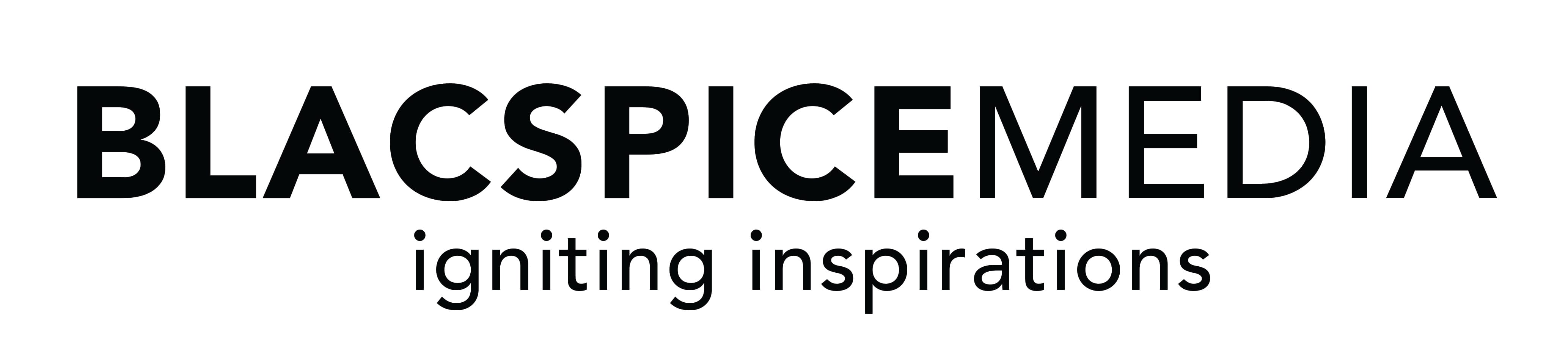 Bold black text reads BLACSPICEMEDIA with tagline igniting inspirations below in smaller font.