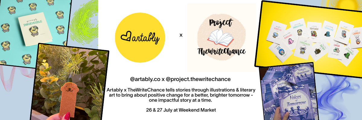 Artably x Project TheWriteChance collaboration banner featuring enamel pins, cards, and a book event on 26-27 July.