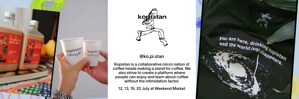 Kopistan brand banner showing coffee cups, bottles, a mascot illustration, brand description text, and a black branded shirt.