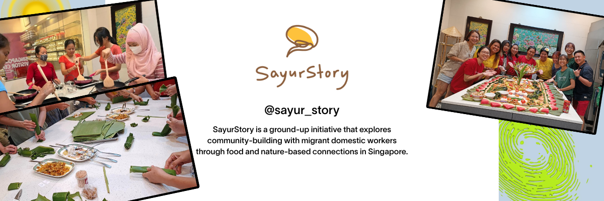SayurStory banner showing two group photos of people cooking and posing with food, with logo and description text.