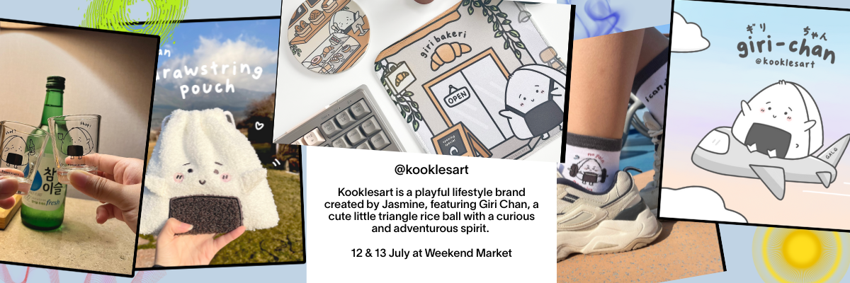 Collage of Kooklesart brand merchandise featuring Giri-Chan rice ball character on pouches, socks, and illustrated prints.