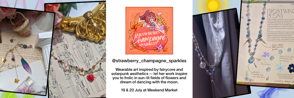 Promotional banner for Strawberry Champagne Sparkles featuring handmade jewelry, a cartoon logo, and event details for July 19-20.