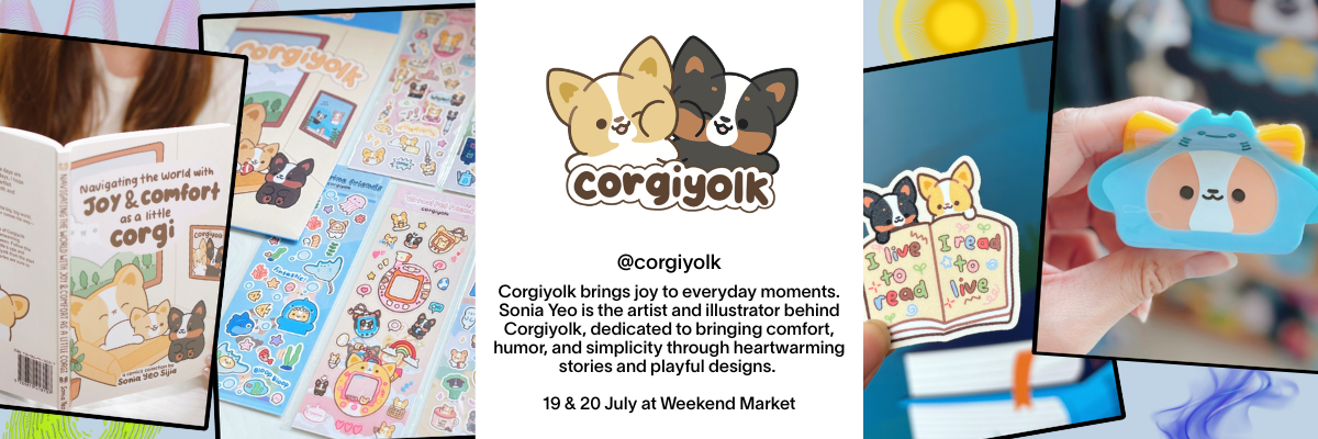 Banner for Corgiyolk featuring cute corgi illustrations, sticker sheets, a book, and a shaped eraser with event details.